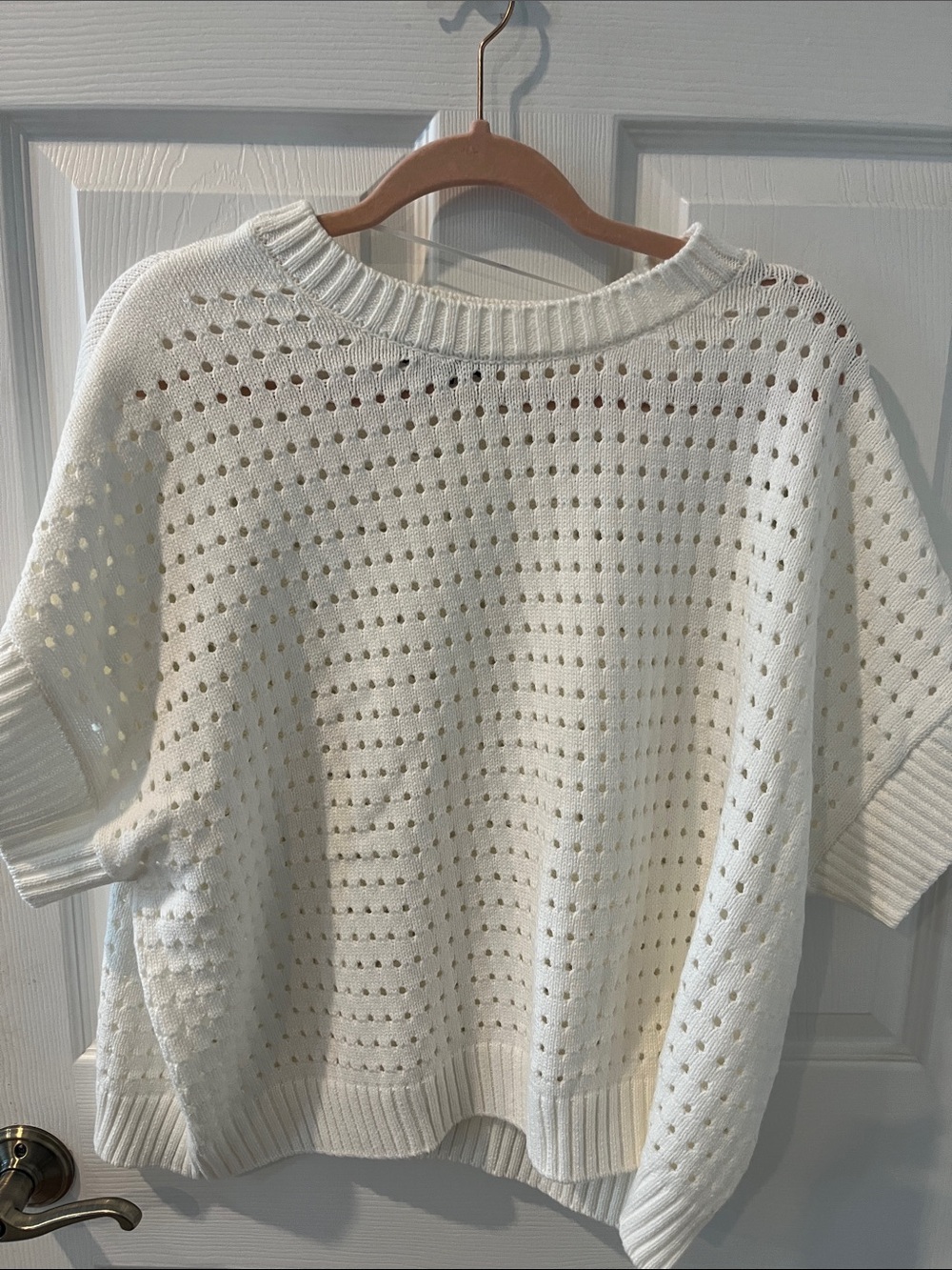 Open-Knit White Short Sleeve Crew Sweater